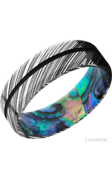 7 mm wide/Beveled/Woodgrain band with one 1 mm Centered inlay of Black also featuring a Abalone sleeve.