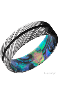 7 mm wide/Beveled/Woodgrain band with one 1 mm Centered inlay of Black also featuring a Abalone sleeve.