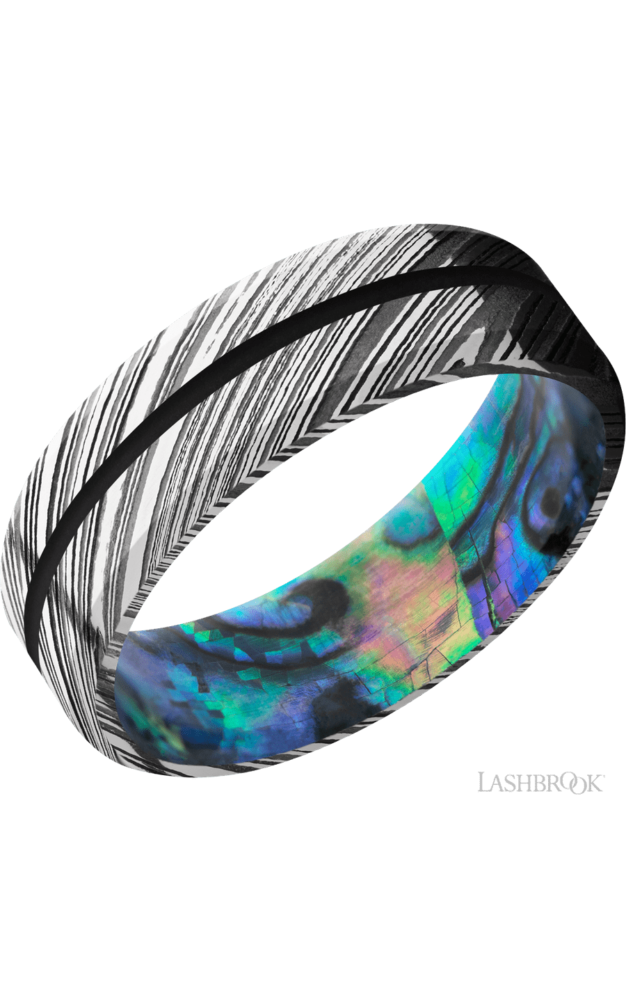 7 mm wide/Beveled/Woodgrain band with one 1 mm Centered inlay of Black also featuring a Abalone sleeve.