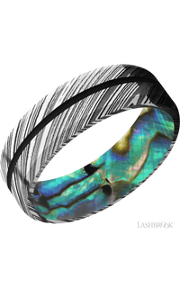 7 mm wide/Beveled/Woodgrain band with one 1 mm Centered inlay of Black also featuring a Abalone sleeve.