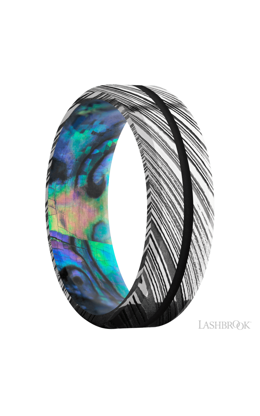 7 mm wide/Beveled/Woodgrain band with one 1 mm Centered inlay of Black also featuring a Abalone sleeve.