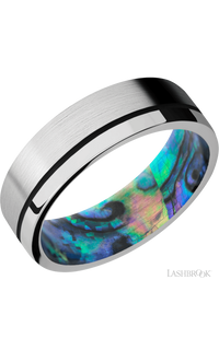 7 mm wide/Flat/14K White Gold band with one 0.5 mm Off Center inlay of Black also featuring a Abalone sleeve.