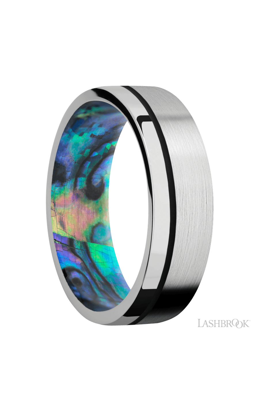 7 mm wide/Flat/14K White Gold band with one 0.5 mm Off Center inlay of Black also featuring a Abalone sleeve.