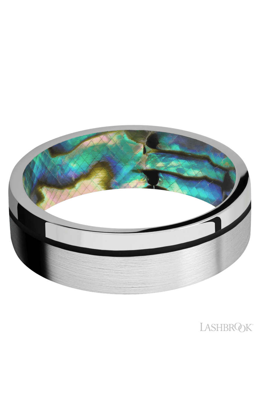 7 mm wide/Flat/14K White Gold band with one 0.5 mm Off Center inlay of Black also featuring a Abalone sleeve.