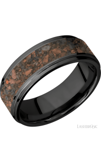 8 mm wide/Flat Grooved Edges/Zirconium band with one 5 mm Centered inlay of Desert Jasper.