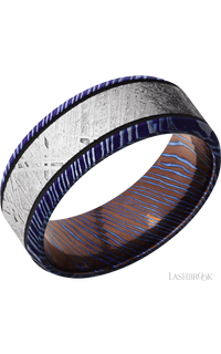 8 mm wide/Beveled/Titanium Damascus band with one 5 mm Centered inlay of Meteorite.