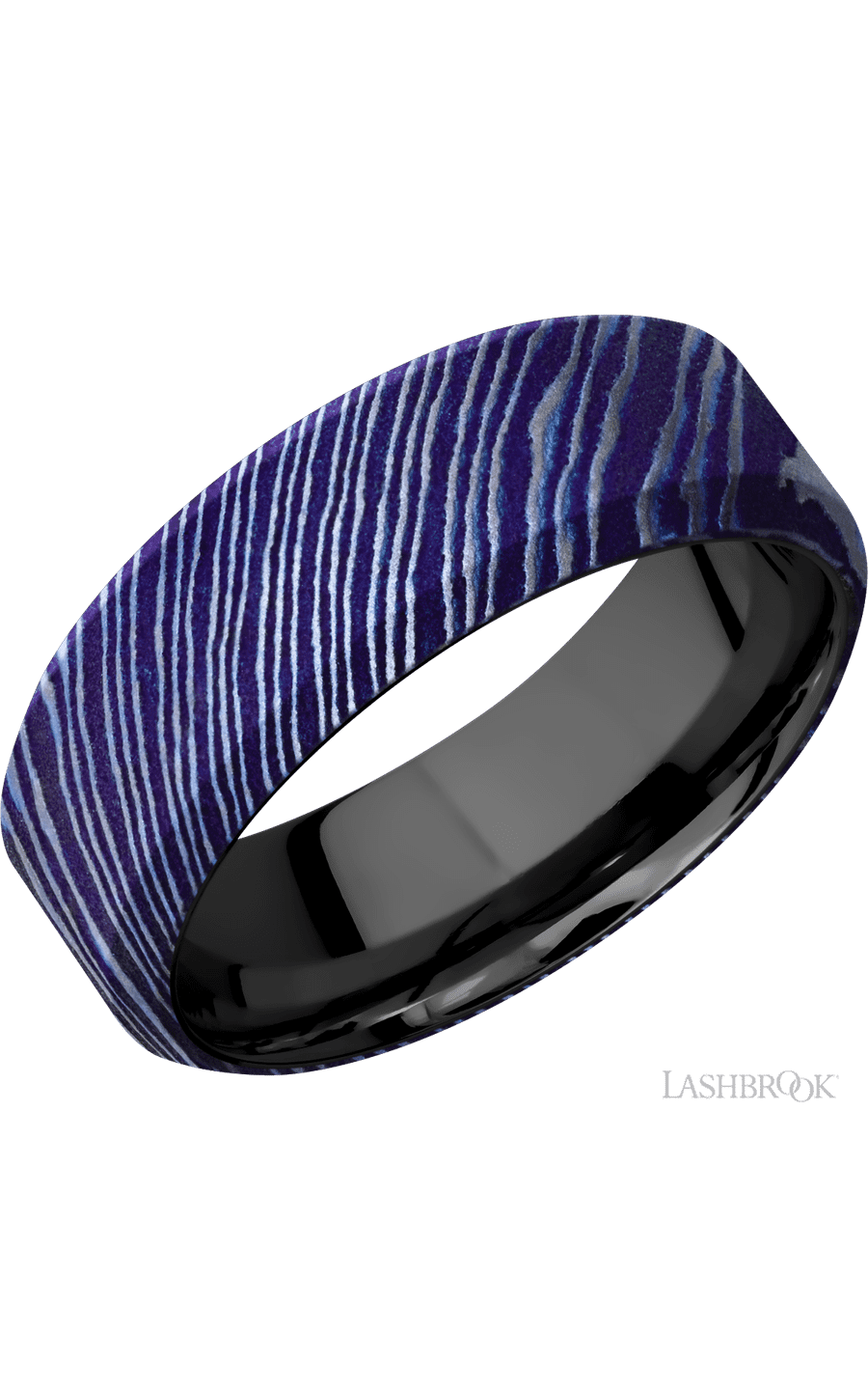 8 mm wide High Bevel Titanium Damascus band featuring a Zirconium sleeve.