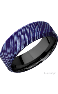 8 mm wide High Bevel Titanium Damascus band featuring a Zirconium sleeve.