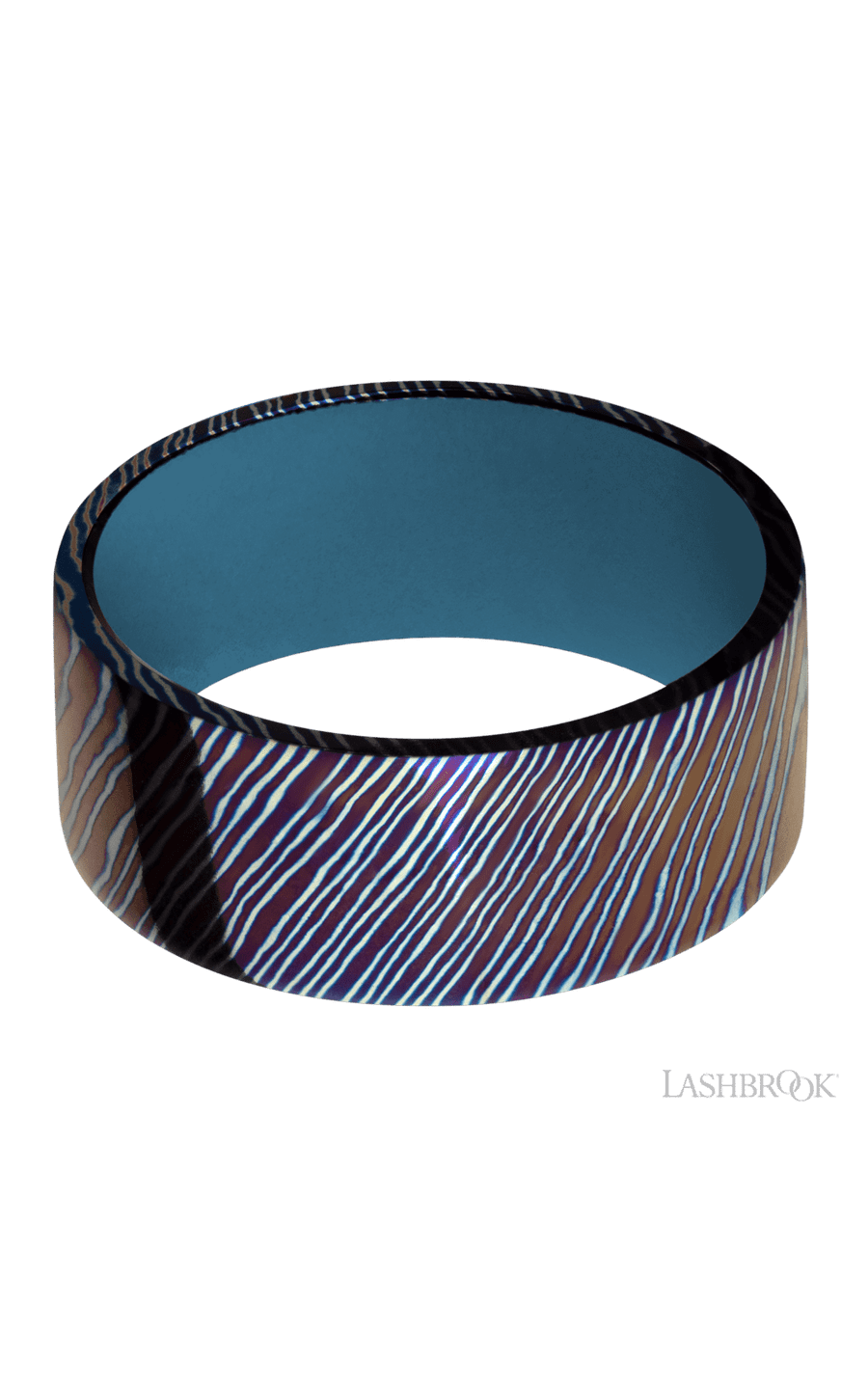 9 mm wide Flat Titanium Damascus band featuring a Royal Blue sleeve.