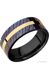 8 mm wide/Flat/Titanium Damascus band with one 2 mm Centered inlay of 14K Yellow Gold also featuring a Zirconium sleeve.