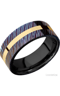 8 mm wide/Flat/Titanium Damascus band with one 2 mm Centered inlay of 14K Yellow Gold also featuring a Zirconium sleeve.