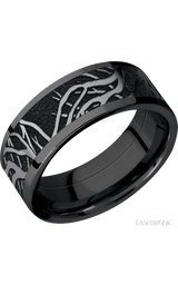 8 mm wide/Flat/Zirconium band with one 6 mm Centered inlay of Tantalum with a laser carved Branches pattern.