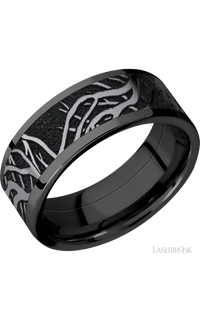 8 mm wide/Flat/Zirconium band with one 6 mm Centered inlay of Tantalum with a laser carved Branches pattern.