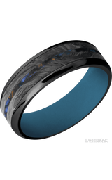 7 mm wide/Beveled/Zirconium band featuring inlays of Forged Carbon Fiber and Blue Tiger Eye also featuring a Royal Blue sleeve.