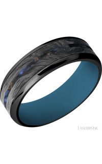 7 mm wide/Beveled/Zirconium band featuring inlays of Forged Carbon Fiber and Blue Tiger Eye also featuring a Royal Blue sleeve.
