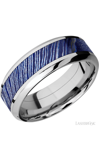 8 mm wide/High Bevel/Cobalt Chrome band with one 4 mm Centered inlay of Titanium Damascus.