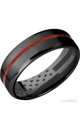 7 mm wide/Beveled/Zirconium band with one 1 mm Centered inlay of Coral.