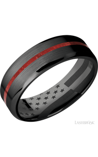 7 mm wide/Beveled/Zirconium band with one 1 mm Centered inlay of Coral.