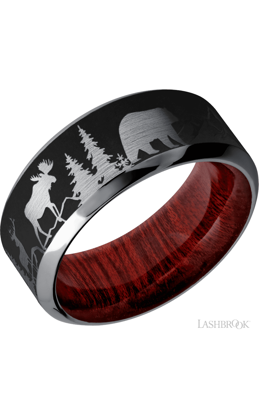 9 mm wide/High Bevel/Tantalum band with a laser carved Bear Moose Deer Mountain pattern also featuring a Blood Wood sleeve.