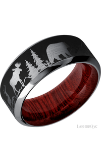 9 mm wide/High Bevel/Tantalum band with a laser carved Bear Moose Deer Mountain pattern also featuring a Blood Wood sleeve.