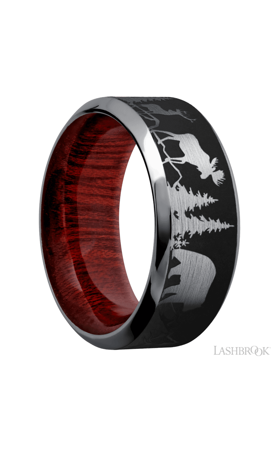 9 mm wide/High Bevel/Tantalum band with a laser carved Bear Moose Deer Mountain pattern also featuring a Blood Wood sleeve.