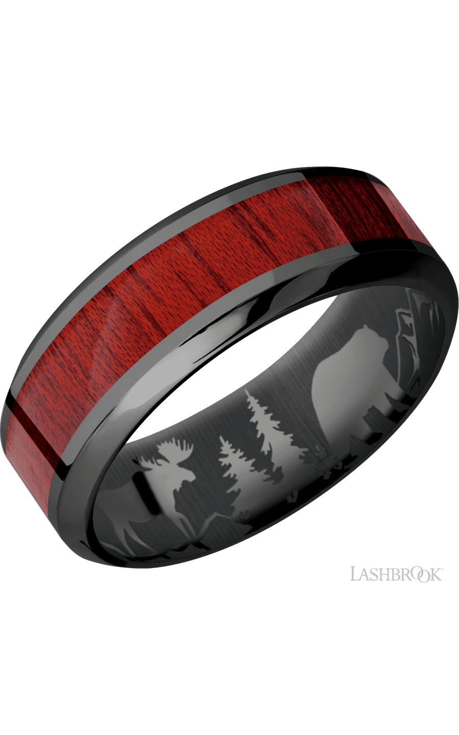 8 mm wide/High Bevel/Zirconium band with one 4 mm Centered inlay of Blood Wood.