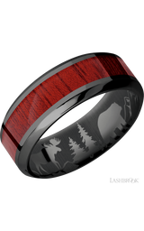 8 mm wide/High Bevel/Zirconium band with one 4 mm Centered inlay of Blood Wood.