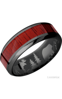 8 mm wide/High Bevel/Zirconium band with one 4 mm Centered inlay of Blood Wood.