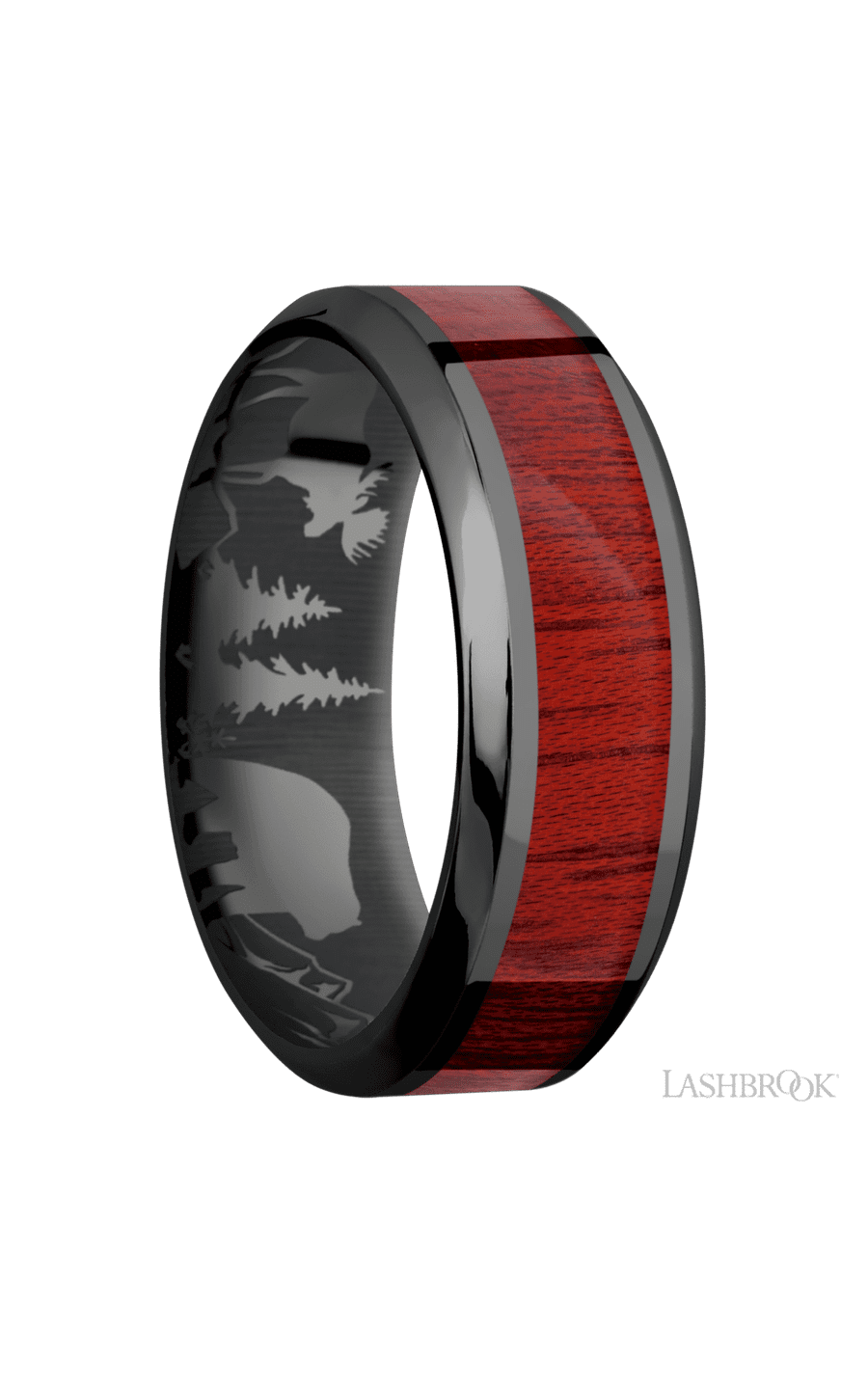 8 mm wide/High Bevel/Zirconium band with one 4 mm Centered inlay of Blood Wood.