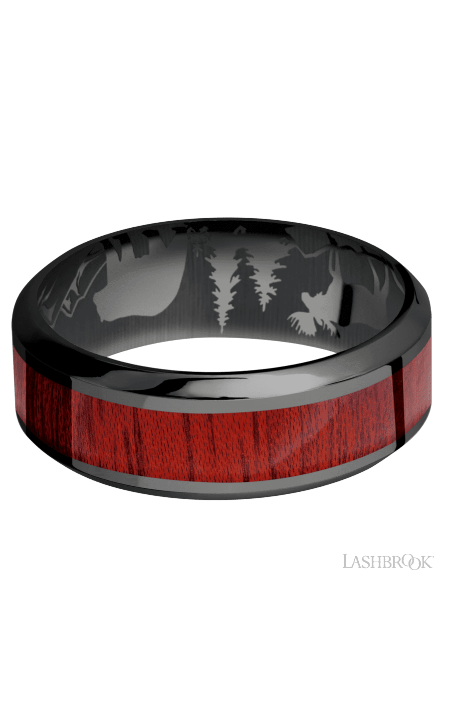 8 mm wide/High Bevel/Zirconium band with one 4 mm Centered inlay of Blood Wood.