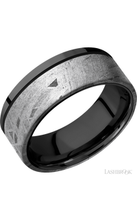8 mm wide/Flat/Zirconium band with one 6 mm Off Center Edge inlay of Meteorite.