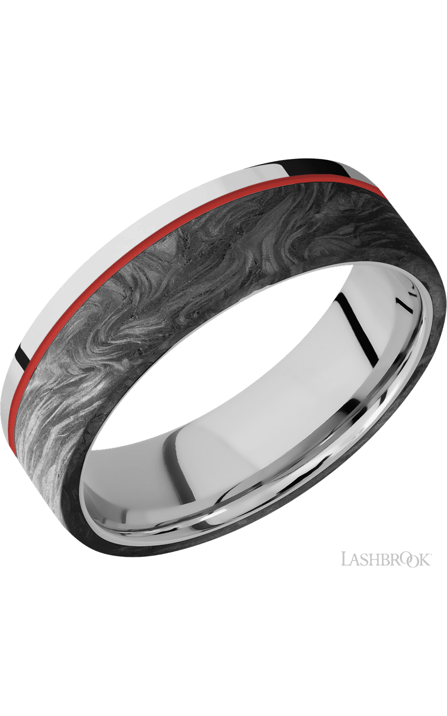 7 mm wide/Flat/Cobalt Chrome band with one 5 mm Off Center Edge inlay of Forged Carbon Fiber.