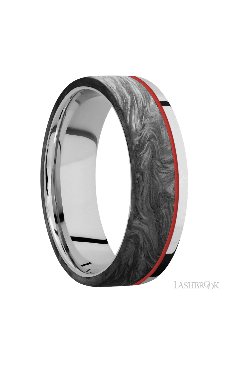7 mm wide/Flat/Cobalt Chrome band with one 5 mm Off Center Edge inlay of Forged Carbon Fiber.