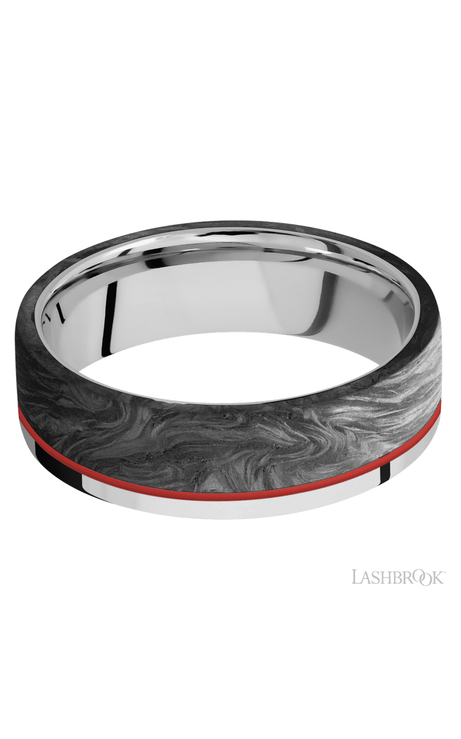 7 mm wide/Flat/Cobalt Chrome band with one 5 mm Off Center Edge inlay of Forged Carbon Fiber.