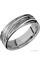 7 mm wide/Flat/Titanium band with one 6 mm Centered inlay of Zirconium with a laser carved Zebra pattern.