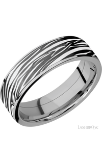 7 mm wide/Flat/Titanium band with one 6 mm Centered inlay of Zirconium with a laser carved Zebra pattern.