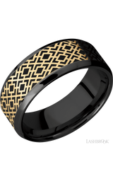 8 mm wide/Beveled/Zirconium band with one 6 mm Centered inlay of 14K Yellow Gold with a laser carved Trellis 2 pattern.