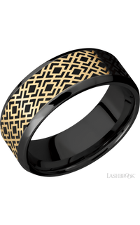 8 mm wide/Beveled/Zirconium band with one 6 mm Centered inlay of 14K Yellow Gold with a laser carved Trellis 2 pattern.