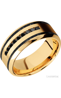 9 mm wide/High Bevel/14K Yellow Gold band with  two 1 mm Wide inlays of Black Onyx and featuring an  arrangement of 9, .03 carat Round Black Diamond stones in a Channel setting