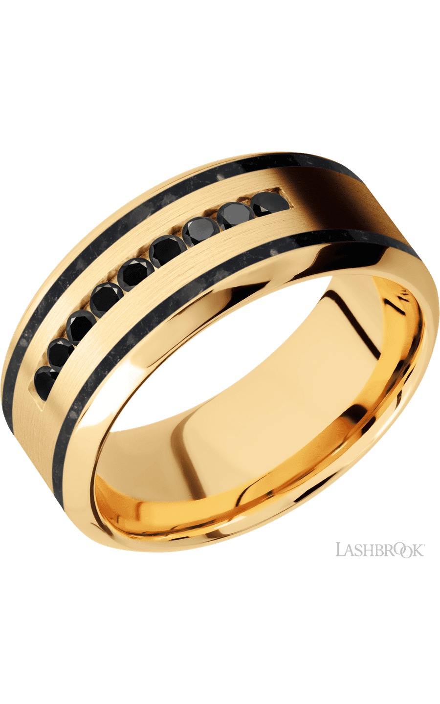 9 mm wide/High Bevel/14K Yellow Gold band with  two 1 mm Wide inlays of Black Onyx and featuring an  arrangement of 9, .03 carat Round Black Diamond stones in a Channel setting