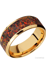 8 mm wide/Beveled/14K Yellow Gold band with one 6 mm Centered inlay of Red Opal.