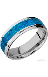 7 mm wide/Flat Grooved Edges/Cobalt Chrome band with one 4 mm Centered inlay of Blue Opal.