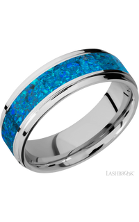 7 mm wide/Flat Grooved Edges/Cobalt Chrome band with one 4 mm Centered inlay of Blue Opal.