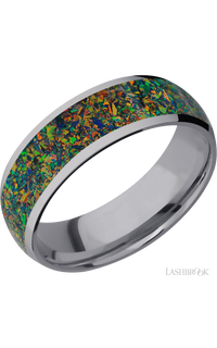 7 mm wide/Domed/Tantalum band with one 5 mm Centered inlay of Black Opal.