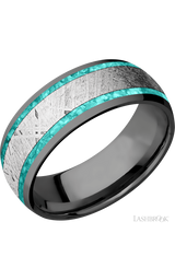 8 mm wide/Domed/Zirconium band featuring inlays of Teal Opal and Meteorite.
