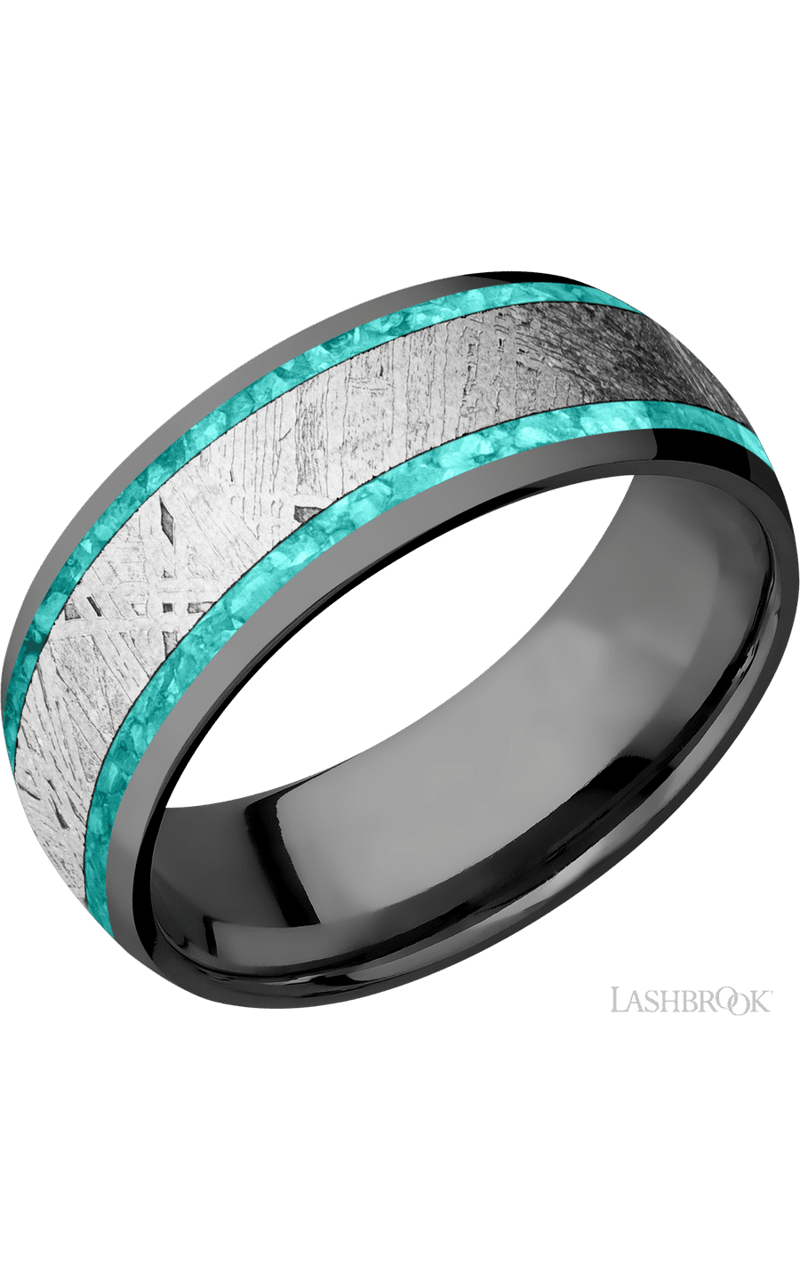 8 mm wide/Domed/Zirconium band featuring inlays of Teal Opal and Meteorite.