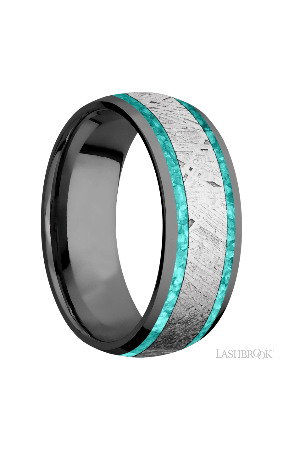8 mm wide/Domed/Zirconium band featuring inlays of Teal Opal and Meteorite.
