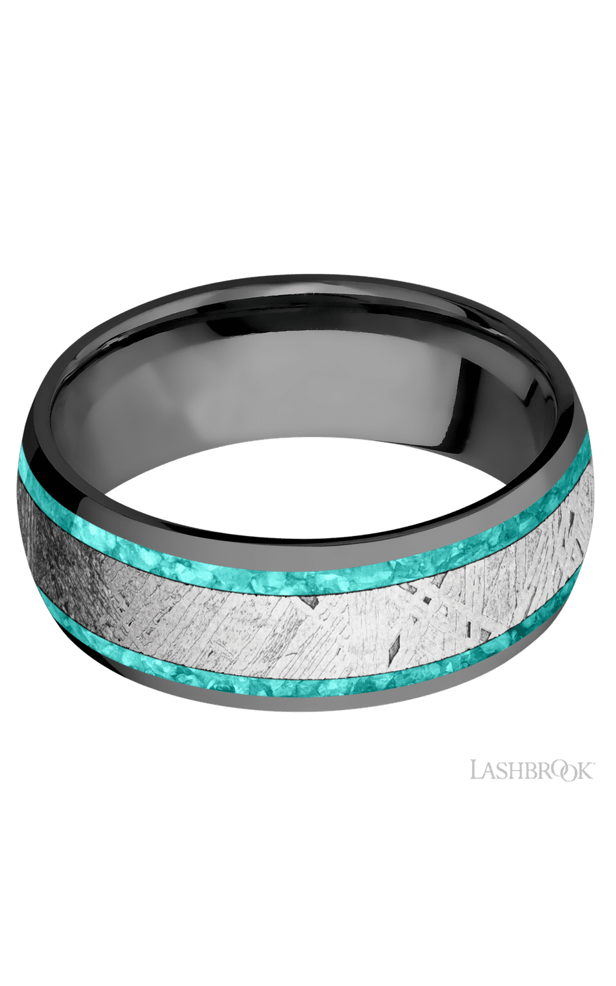 8 mm wide/Domed/Zirconium band featuring inlays of Teal Opal and Meteorite.