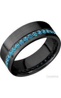 8 mm wide/Flat/Zirconium band with a Off Center Eternity arrangement of .03 carat Round Lab Blue Diamond stones in a Bead setting.