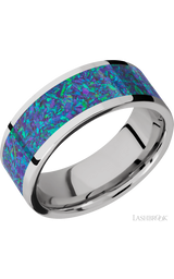 8 mm wide/Flat/Cobalt Chrome band with one 6 mm Centered inlay of Blue Green Opal.